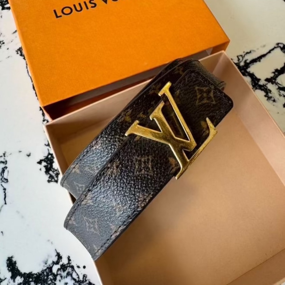 Louis Vuitton Dark Brown Monogram Belt with Gold Logo Buckle